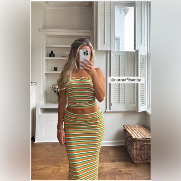 NA-KD Orange & Green Striped Pattern Maxi Pencil Bodycon Modest Stretch Skirt XL - Picture 8 of 15